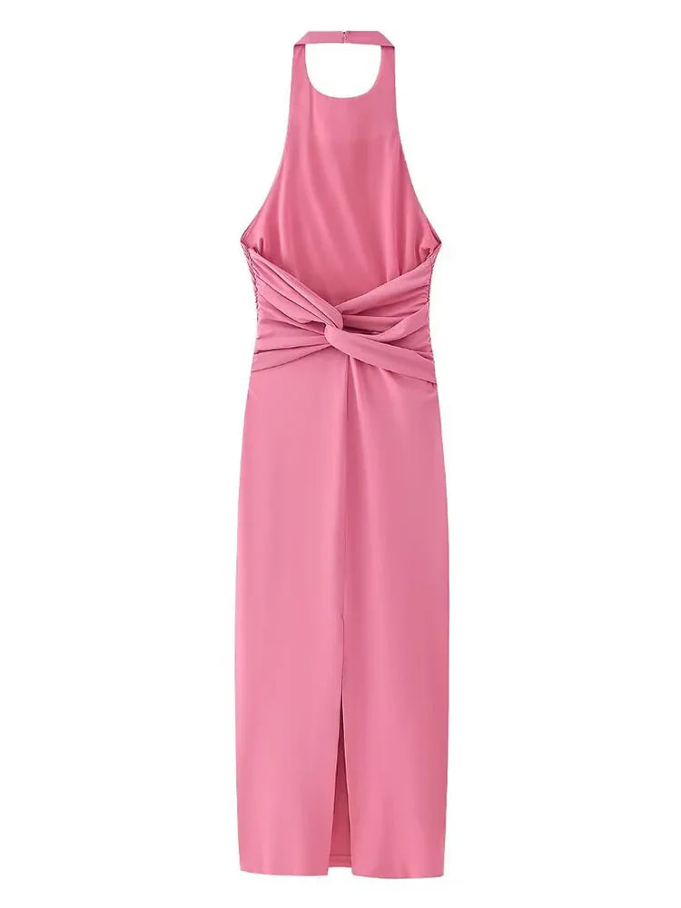 Halter Neck Backless Slit Sweet Pink Midi Dress