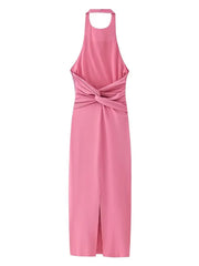 Halter Neck Backless Slit Sweet Pink Midi Dress