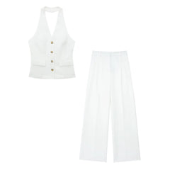 Halter Neck Sleeveless Vest Top And Wide Leg Pant Set