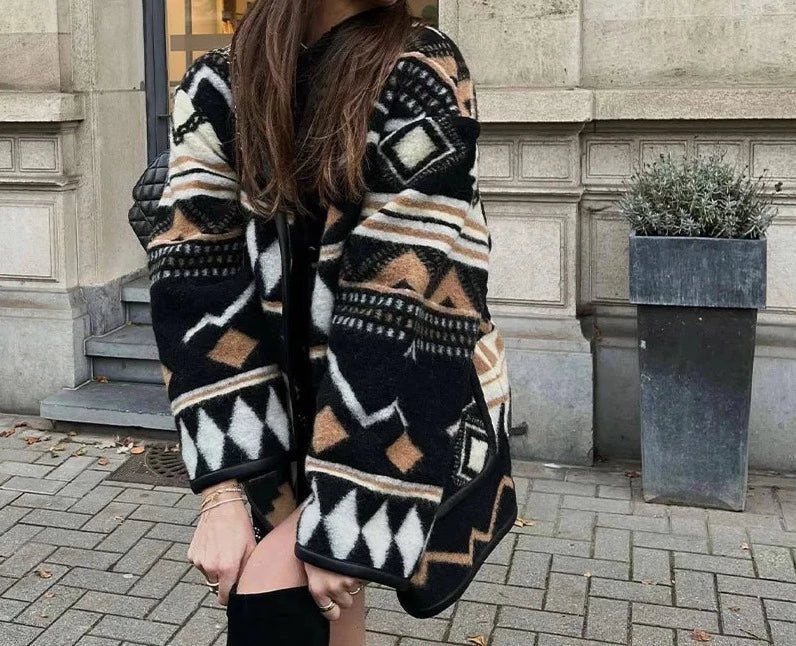 Print Woolen Patchwork Cardigan Coat