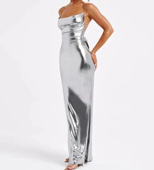 Metallic Backless Cowl Neck Maxi Dress