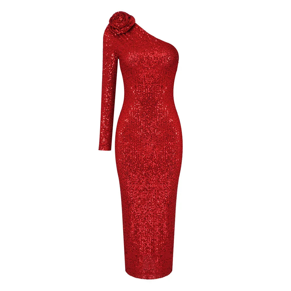 Sequin In Vegas One Shoulder Bodycon Maxi Dress