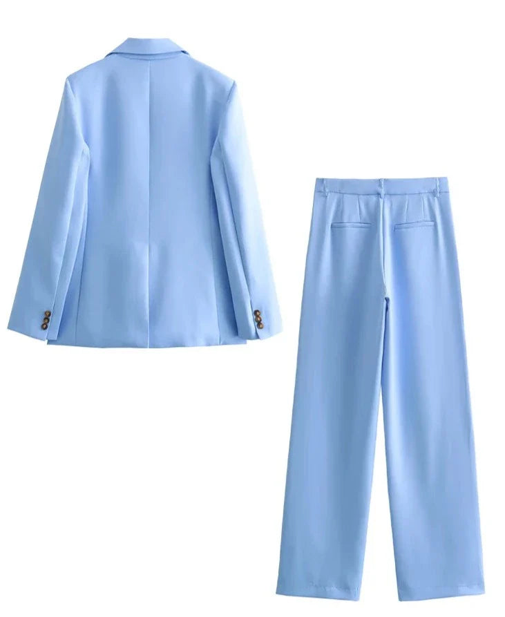 Spring Blue Single Button Wide Leg Pant Suit