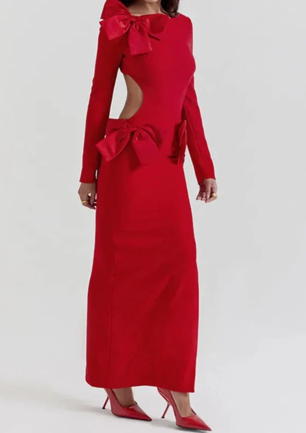 Luxe Bow Backless Long Sleeve Maxi Dress