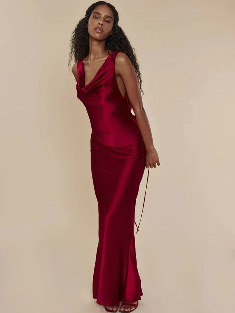 Luxe Plunging Back Cowl Lace Up Satin Silk Maxi Dress