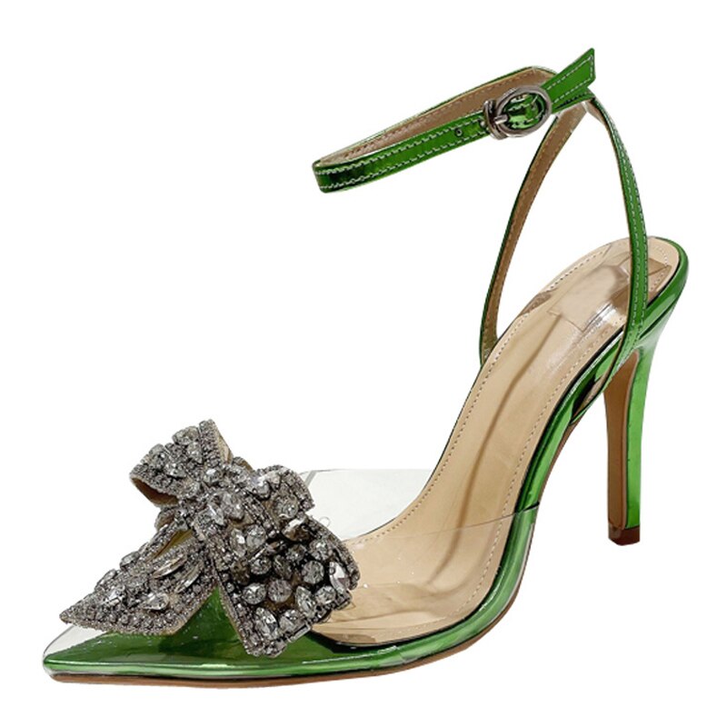 Green Dream Crystal Bow Pointed Toe Heels