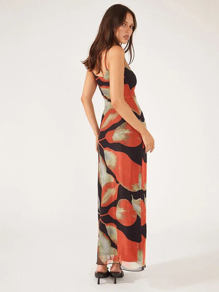 Mesh Print Floral Off Spaghetti Strap Slip Beach Holiday Maxi Dress