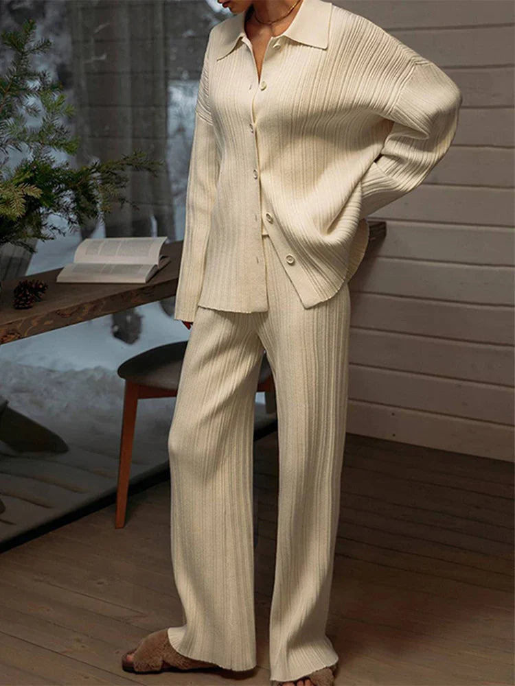 Luxe Knitted Pleat Sweater Two Piece Pants Suit