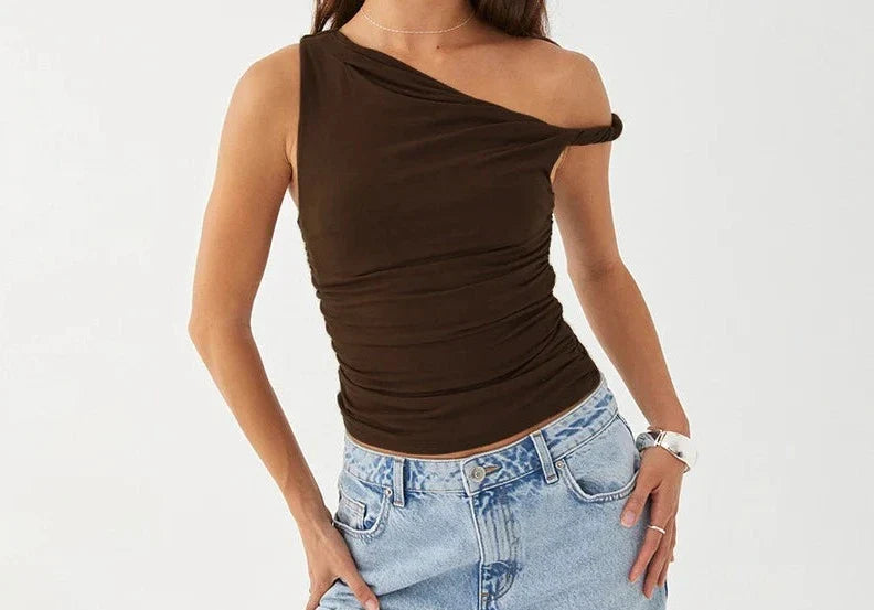 Asymmetric Ruched Off Shoulder Crop Top