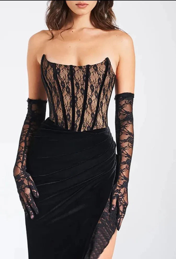 Lace Corset Asymmetric Slit Velvet Midaxi Dress