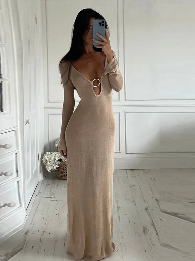 Deep V Neck Long Sleeve Backless Knitted Maxi Dress