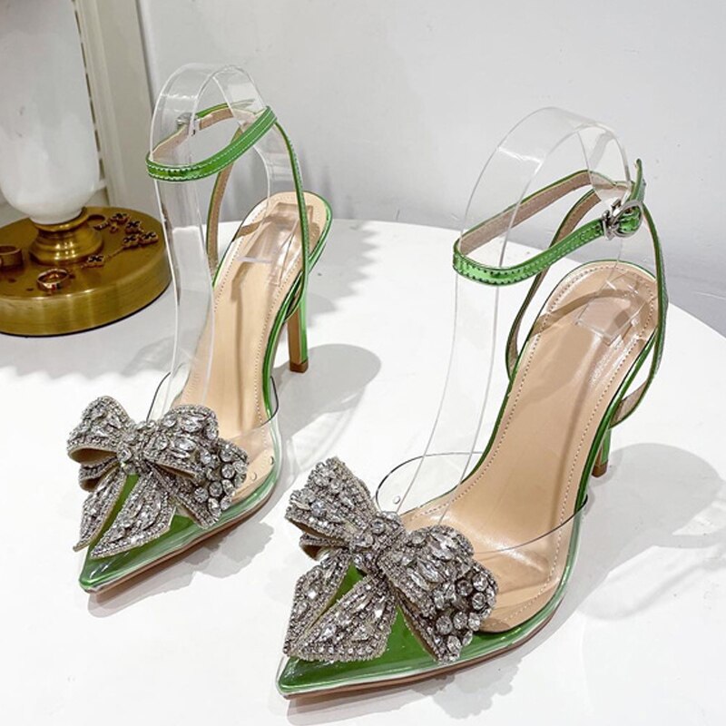 Green Dream Crystal Bow Pointed Toe Heels