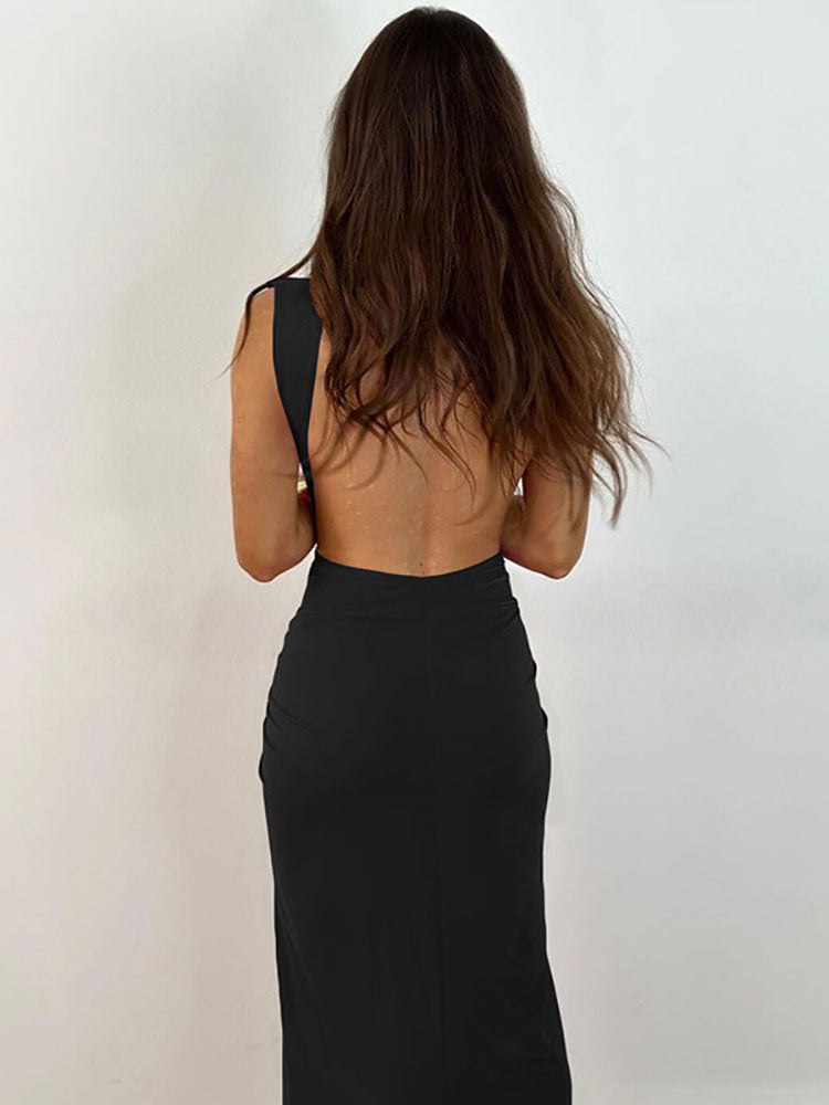 Summer Ruched Backless V Slit Women Bodycon Maxi Dress