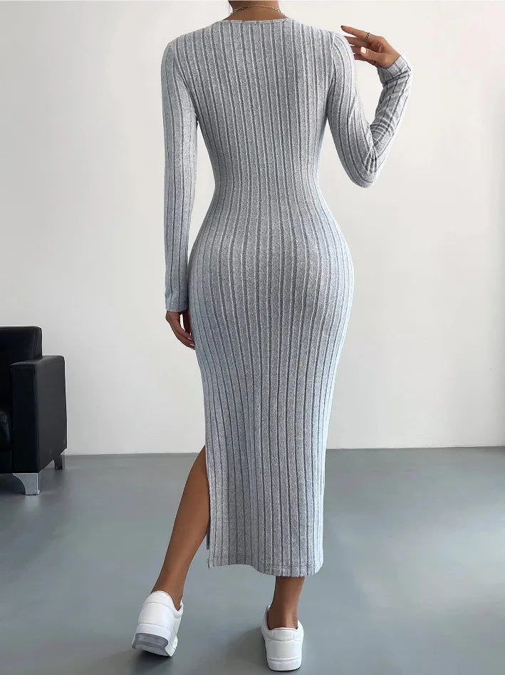 Round Neck Long Sleeve Slit Midaxi Knit set