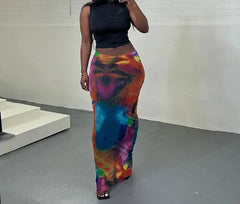 Tie Dyed Print Mesh Maxi Skirt