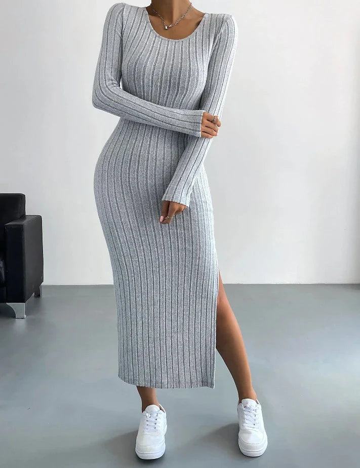 Round Neck Long Sleeve Slit Midaxi Knit set