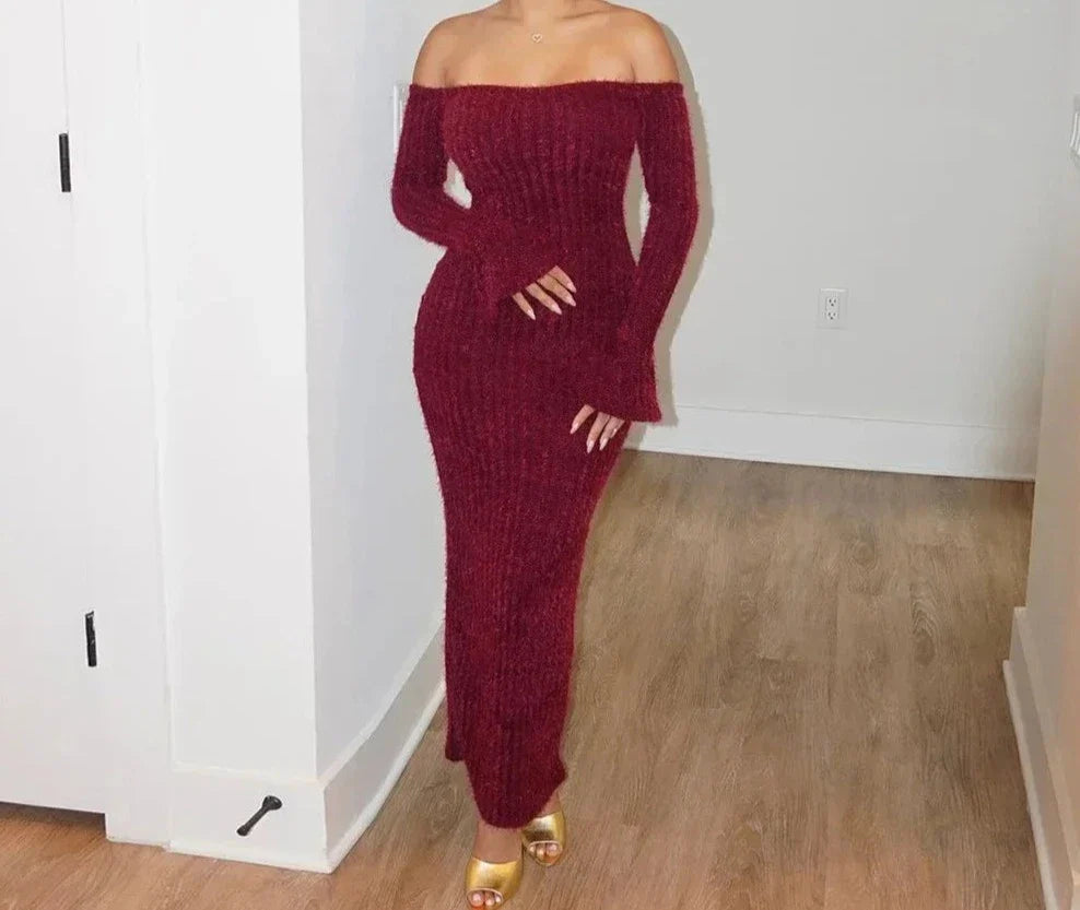 Knitted Off The Shoulder Long Sleeve Bodycon Maxi Dress