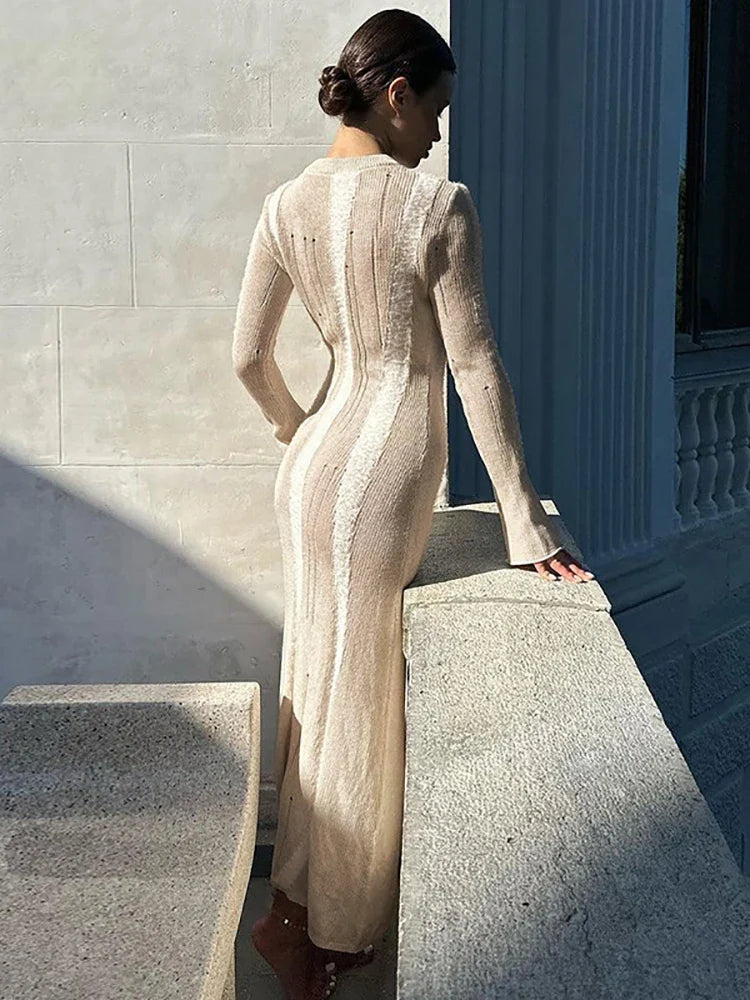 Frayed Knit Sheer Long Sleeve Maxi Dress