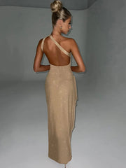 One Shoulder High Split Glitter Backless Maxi Dress