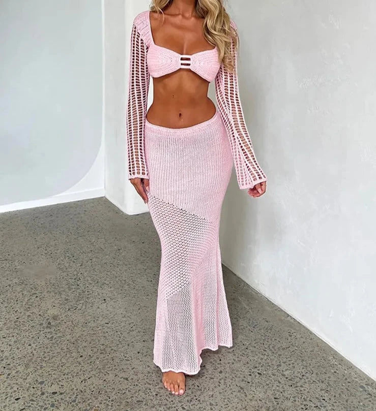 Crochet Knit Two Piece Crop Top and Maxi Skirt Set