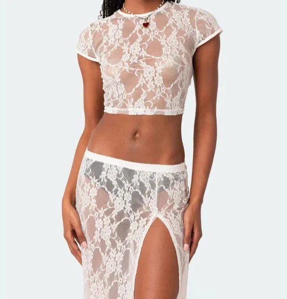 Lace Sheer Two Piece Set Crop Top And Side Split Maxi Skirt