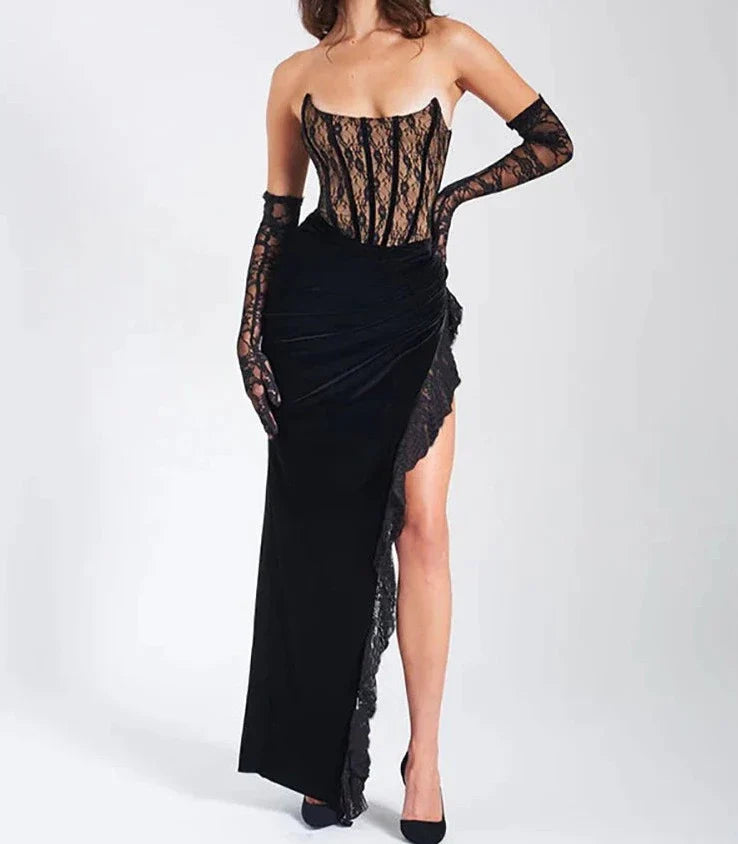 Lace Corset Asymmetric Slit Velvet Midaxi Dress