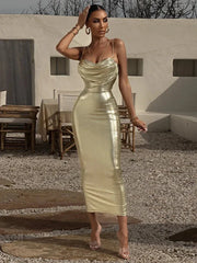 Gold Metallic Spaghetti Strap Ruched Midi Dress