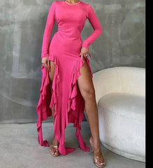 Ruffle Long Sleeve Thigh High Split Maxi Dress