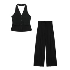 Halter Neck Sleeveless Vest Top And Wide Leg Pant Set