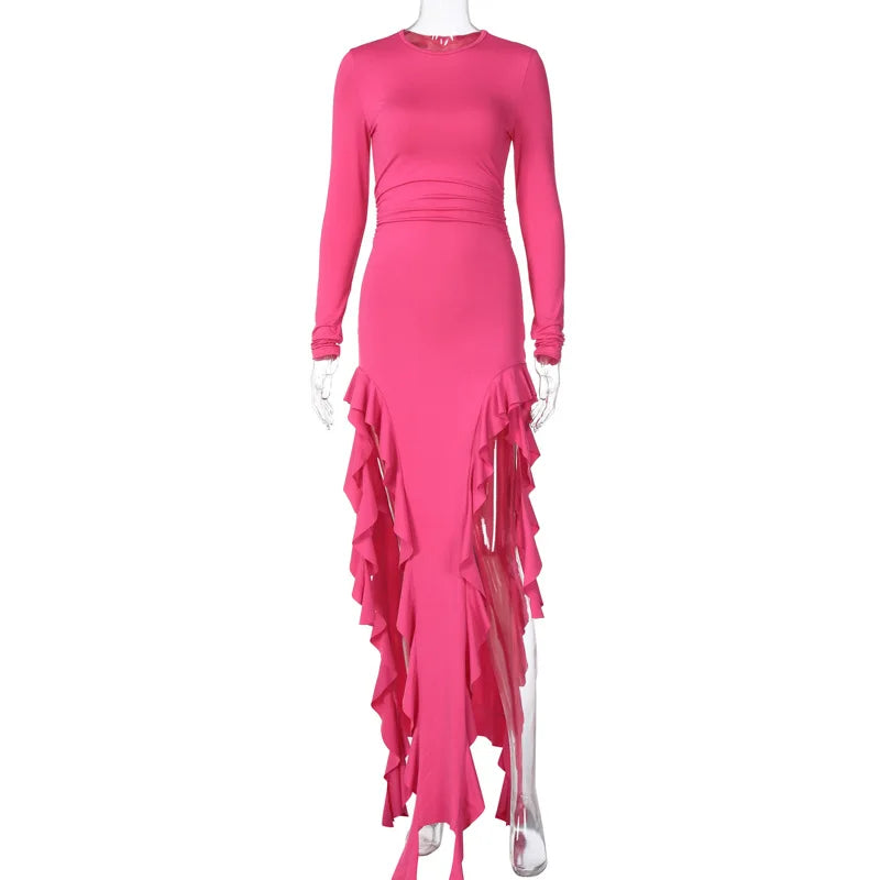 Ruffle Long Sleeve Thigh High Split Maxi Dress