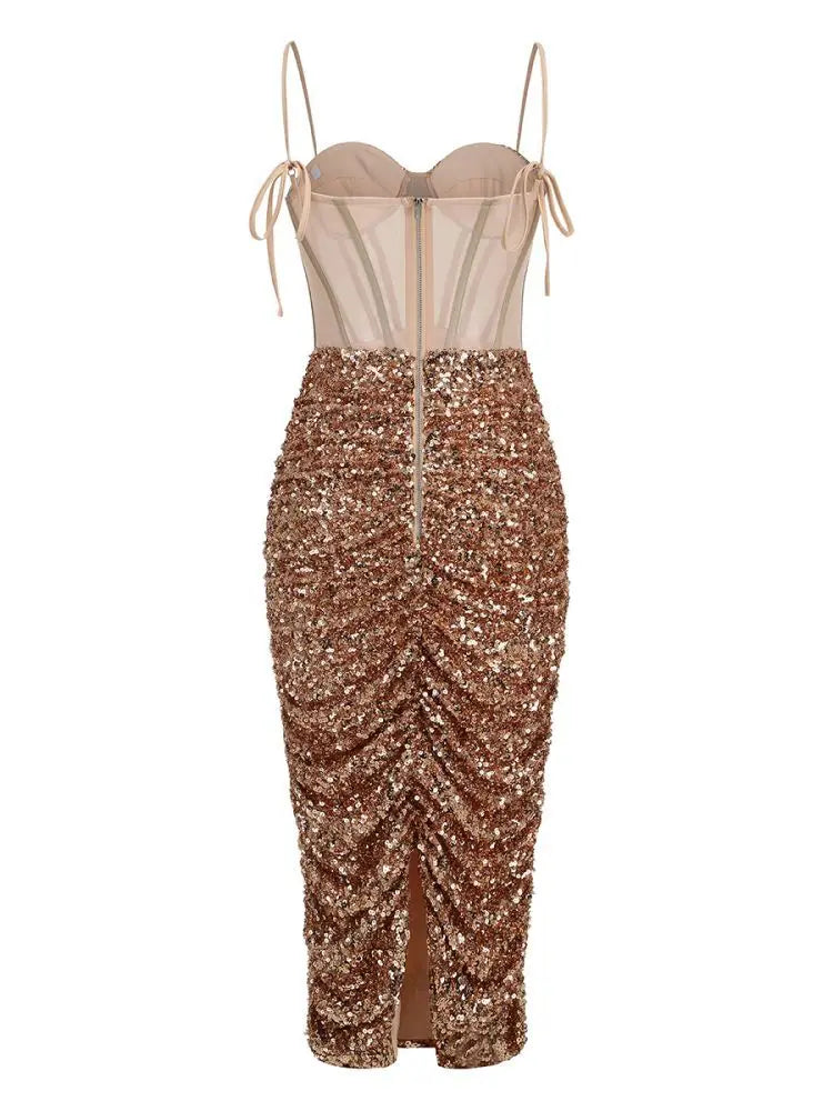 Luxe Bustier Sequined Mesh Dress