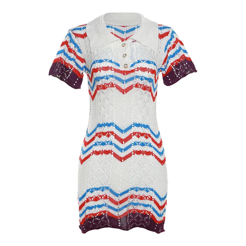 Short Sleeve Knitted Polo White Striped Mini Dress