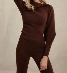 Two Piece High Neck Turn Down Collar and Flared Pants Knit Set