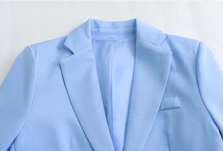 Spring Blue Single Button Wide Leg Pant Suit