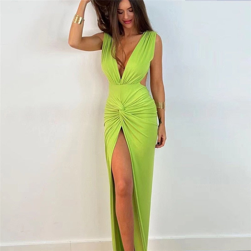 Summer Ruched Backless V Slit Women Bodycon Maxi Dress