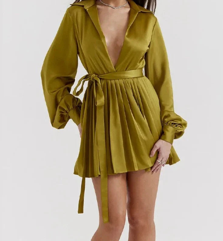 Satin Pleated Olive Shirt Dress