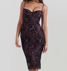 Luxe Lace Print Spaghetti Strap Bodycon Midi Dress