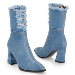 Light Blue Denim Pointed Toe Ankle Boots