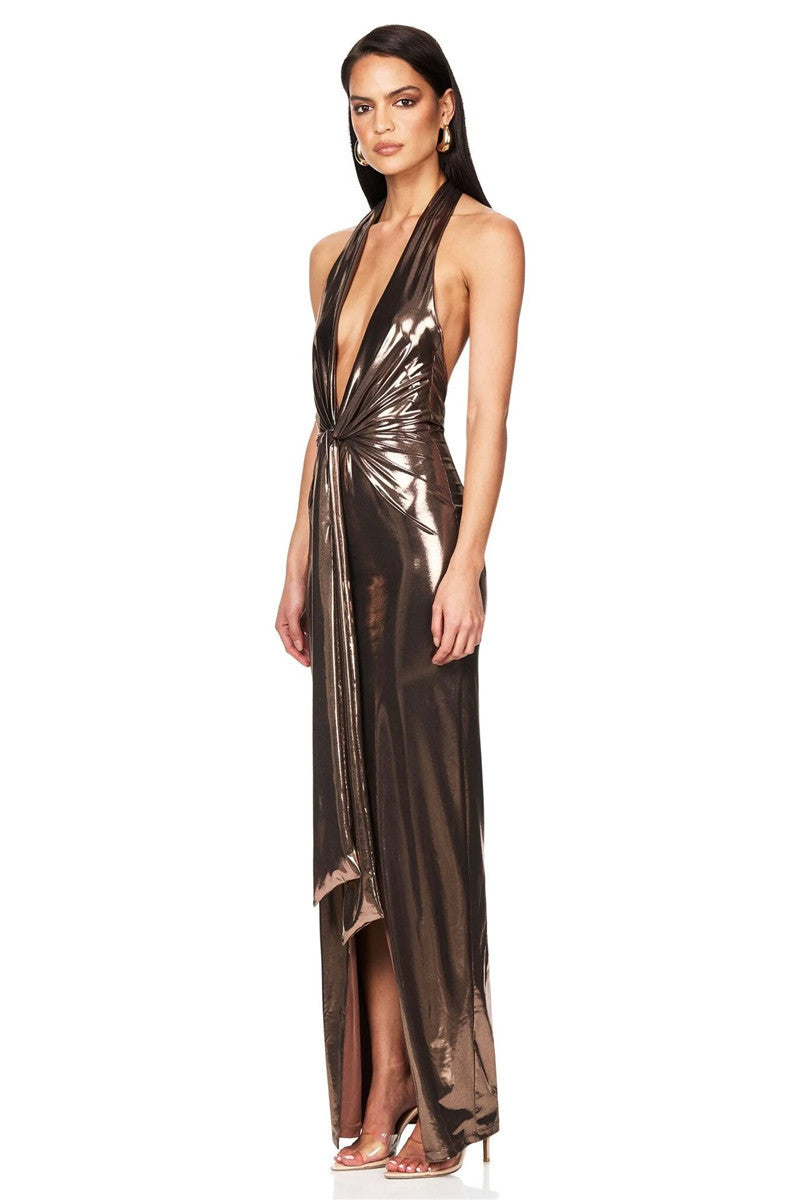 Beryl Shiny Ruched Sexy Maxi Dress