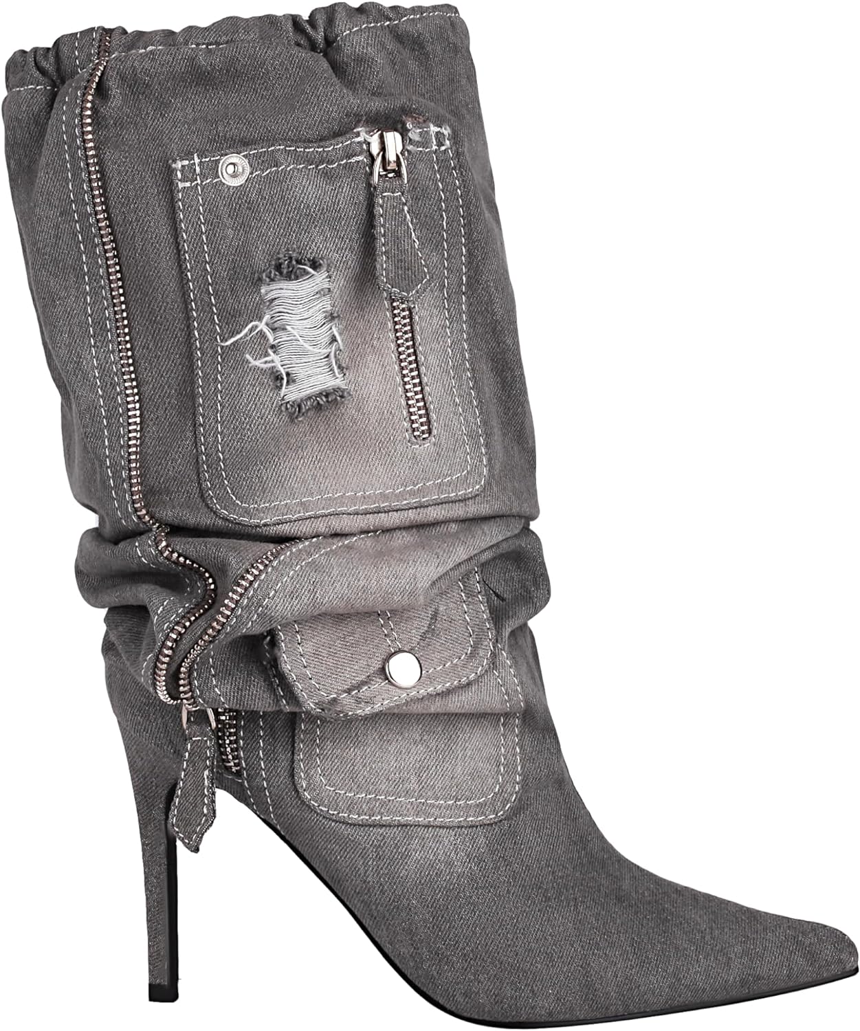 Zippered Denim Style Grey Cargo Ruched Stieltto Mid Calf Boots