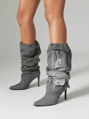 Zippered Denim Style Blue Cargo Ruched Stieltto Mid Calf Boots