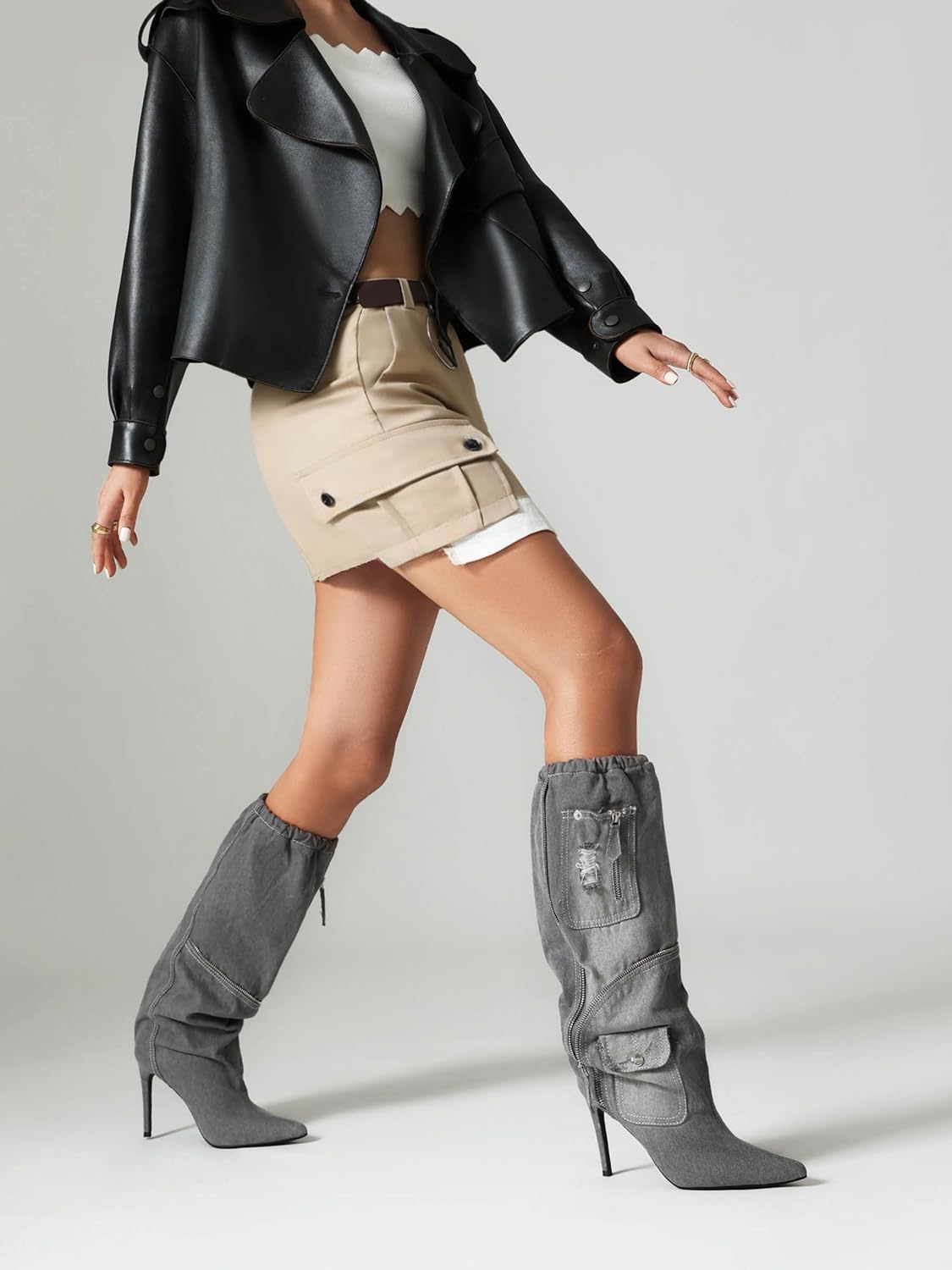 Zippered Denim Style Grey Cargo Ruched Stieltto Mid Calf Boots