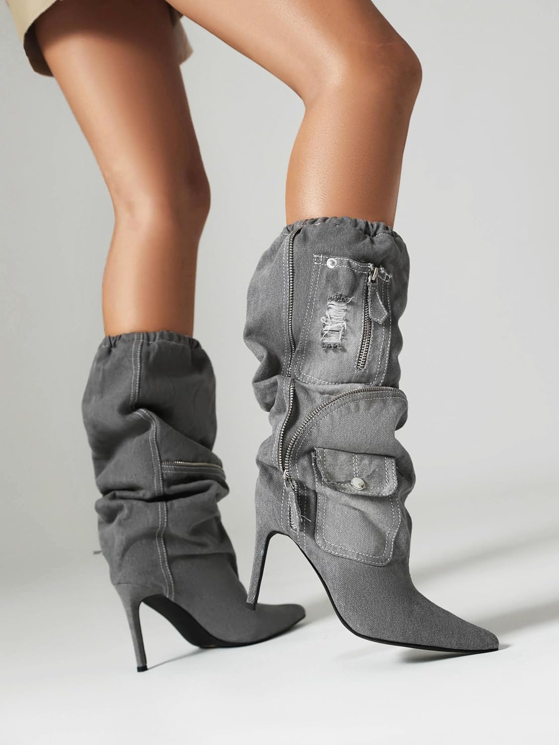 Zippered Denim Style Grey Cargo Ruched Stieltto Mid Calf Boots