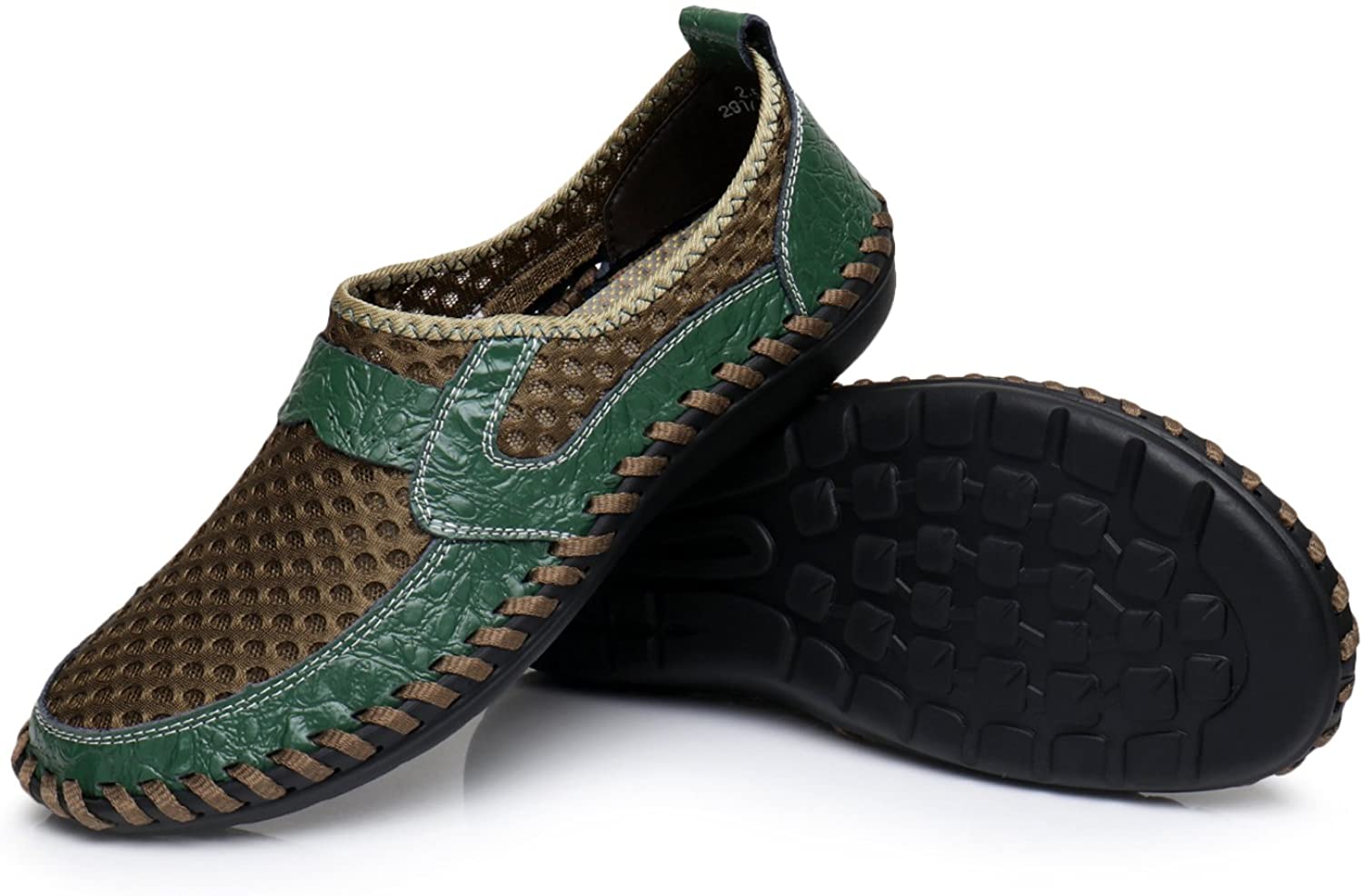 Men's Brown/Green Honeycomb Leather Loafers