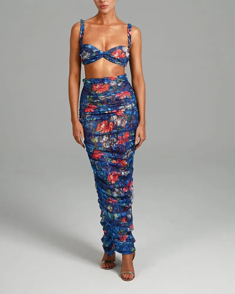 Alyssa Strapless Ruched Print Sexy Top And Skirt Set