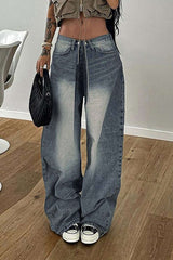 Faded Pleated Wide Leg Jeans