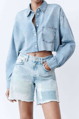 Faded Denim Button Up Raw Hem Crop Shirt