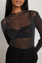 Sheer Lurex Round Neck Long Sleeve Cover-Up Top