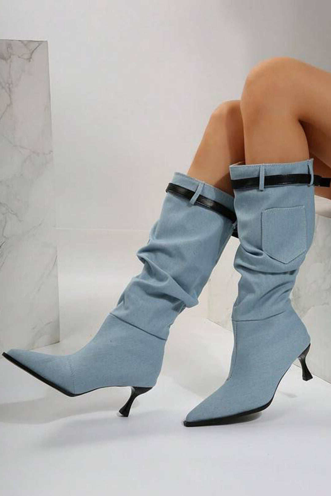 Denim Belt Detail Pointed-toe Mid-calf Boots