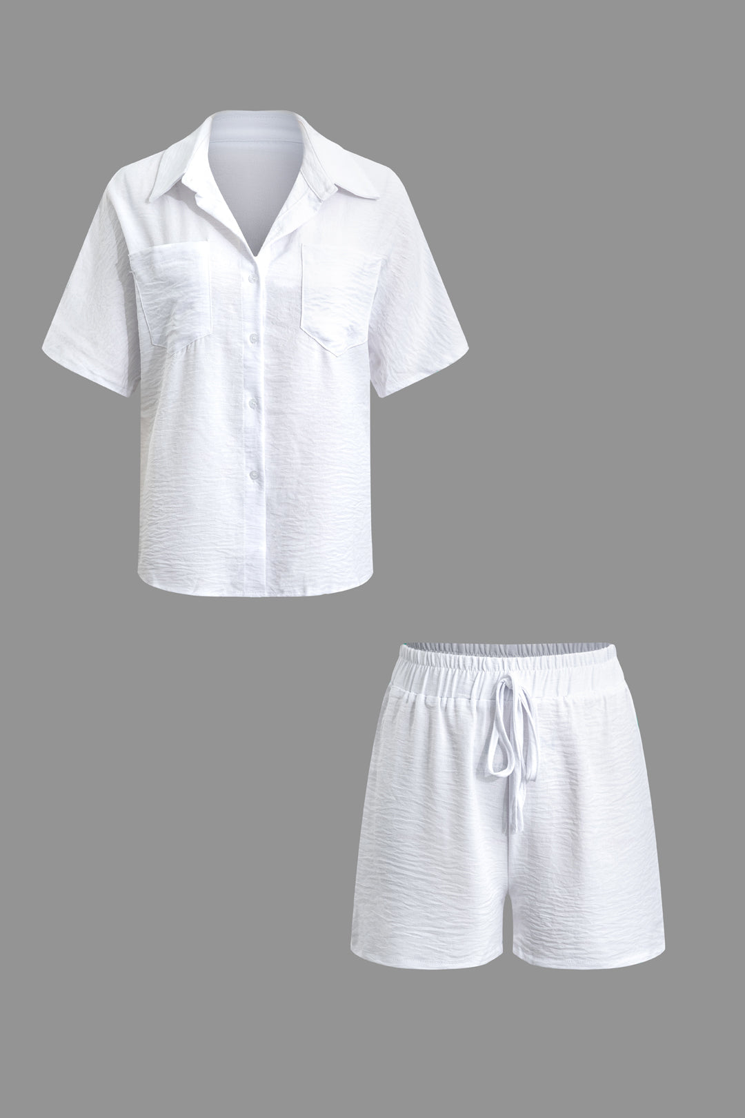 Solid Short Sleeve Blouse And Drawstring Shorts Set